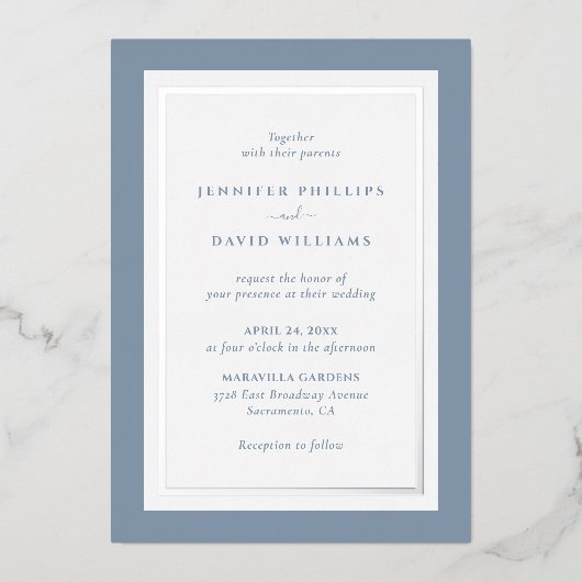 Elegant Dusty Blue und Silver Folieneinladung (Vorderseite)