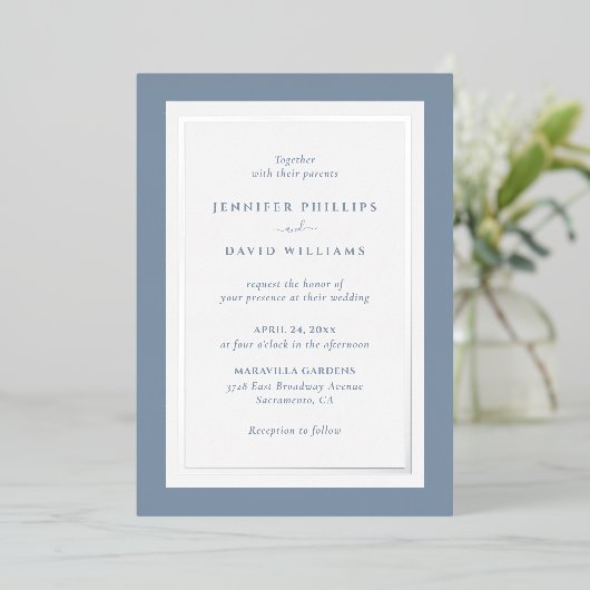 Elegant Dusty Blue und Silver Folieneinladung (Stehend vorne)