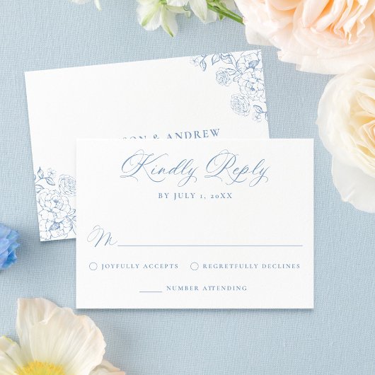 Elegant Dusty Blue Victorian Floral Wedding RSVP Karte