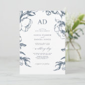 Elegant dusty blue vintage floral wedding einladung (Stehend Vorderseite)