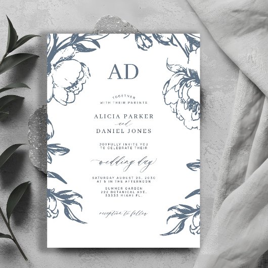 Elegant dusty blue vintage floral wedding einladung
