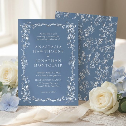 Elegant Dusty Blue Vintage Floral Wedding Einladung