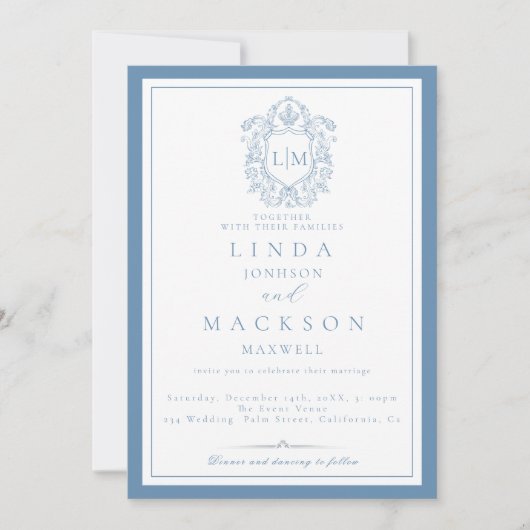 Elegant Dusty Blue Wappen Monogram Wedding Einladu Einladung (Vorderseite)