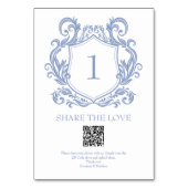 Elegant Dusty Blue Wappen QR Code Foto Sharing Tischnummer (Vorderseite)