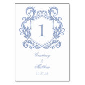 Elegant Dusty Blue Wappen Wedding Tischnummer (Rückseite)
