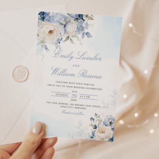 Elegant Dusty Blue Watercolor Boho Floral Wedding Einladung