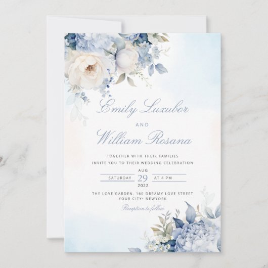 Elegant Dusty Blue Watercolor Boho Floral Wedding Einladung (Vorderseite)