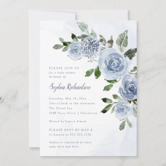 Elegant Dusty Blue Watercolor Floral Baby Shower Einladung (Vorderseite)
