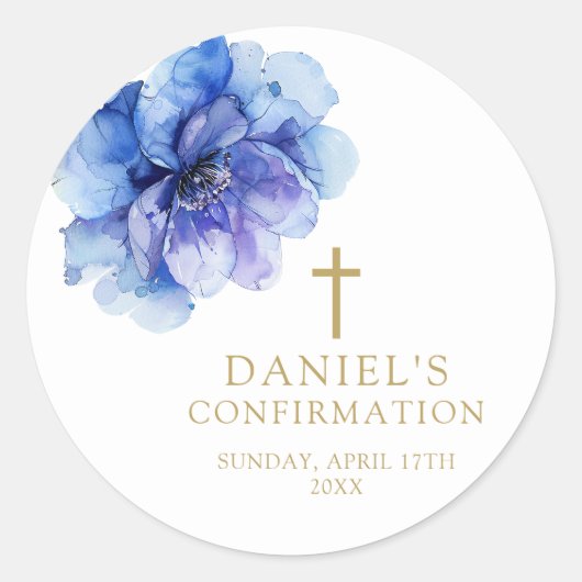 Elegant Dusty Blue Watercolor Floral Confirmation Runder Aufkleber (Vorderseite)