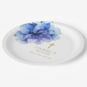 Elegant Dusty Blue Watercolor Floral Taufe Pappteller (Schrägansicht)
