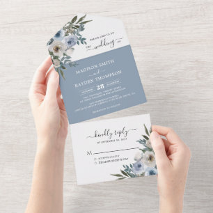 Elegant Dusty Blue Watercolor Floral Wedding All In One Einladung