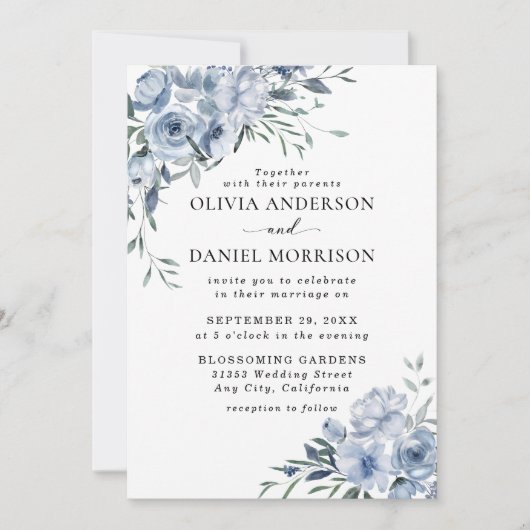 Elegant Dusty Blue Watercolor Floral Wedding Einladung (Vorderseite)