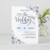 Elegant Dusty Blue Watercolor Floral Wedding Einladung (Stehend Vorderseite)