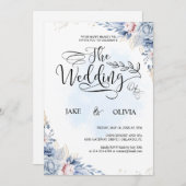 Elegant Dusty Blue Watercolor Floral Wedding Einladung (Vorne/Hinten)