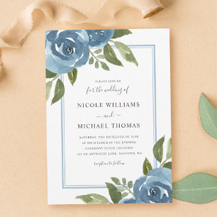 Elegant Dusty Blue Watercolor Floral Wedding Einladung