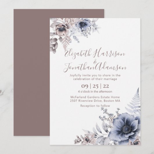 Elegant Dusty Blue Watercolor Floral Wedding Einladung (Vorne/Hinten)