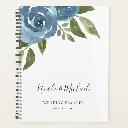 Elegant Dusty Blue Watercolor Floral Wedding Planer (Vorderseite)