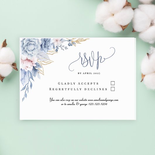 Elegant Dusty Blue Watercolor Floral Wedding RSVP