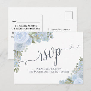 Elegant Dusty Blue Watercolor Floral Wedding RSVP Postkarte