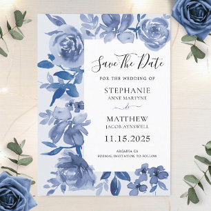 Elegant Dusty Blue Watercolor Floral Wedding Save The Date