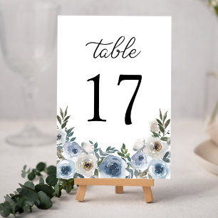Elegant Dusty Blue Watercolor Floral Wedding Tischnummer