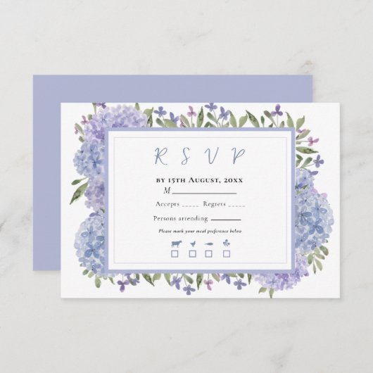 Elegant Dusty Blue Watercolor Hydrangeas Wedding RSVP Karte (Vorne/Hinten)