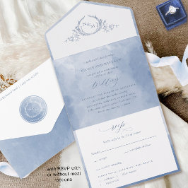 Elegant Dusty Blue Watercolor Monogram Wedding All In One Einladung
