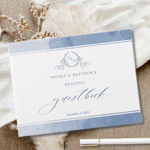 Elegant Dusty Blue Watercolor Monogram Wedding Gästebuch