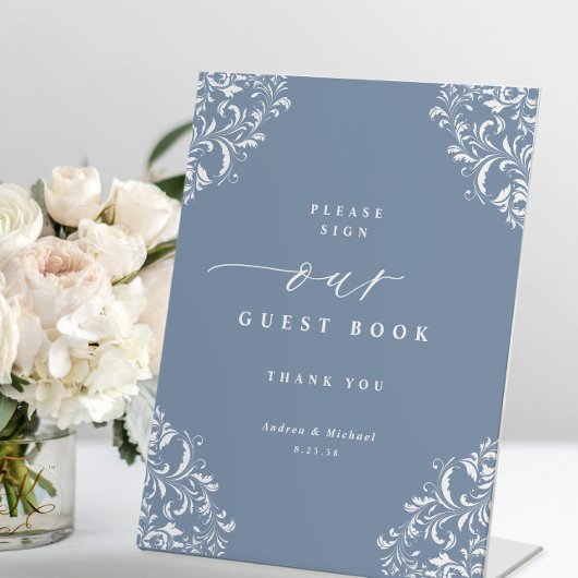 Elegant Dusty Blue Wedding Guest Book Sign Sockelschild
