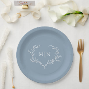 Elegant Dusty Blue Wedding Monogram Wreath Pappteller
