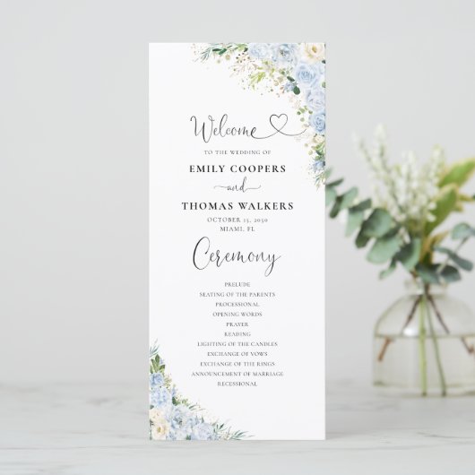 Elegant Dusty Blue Wedding Program Programm (Stehend Vorderseite)