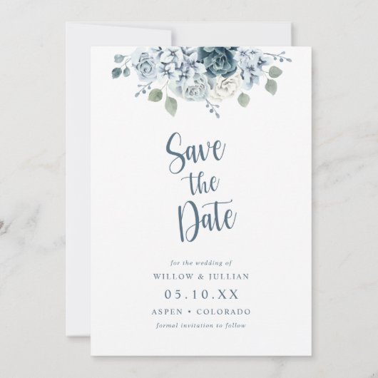 Elegant Dusty Blue Wedding Save The Date (Rückseite)