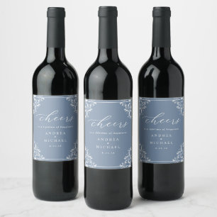 Elegant Dusty Blue Wedding Wine Bottle Labels Weinetikett