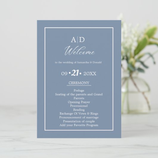 Elegant Dusty Blue Wedding Zeremony Program Einladung (Stehend Vorderseite)