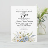 Elegant Dusty Blue White Blume 75 Jahre alt Einladung (Stehend Vorderseite)