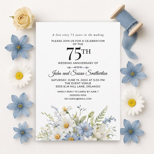 Elegant Dusty Blue White Blume 75 Jahre alt Einladung