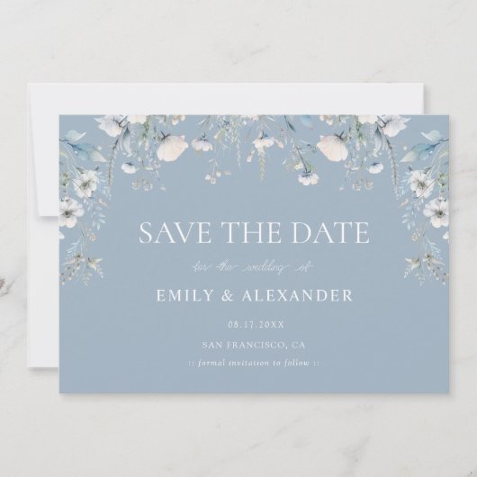 Elegant Dusty Blue White Blume Foto Wedding Save The Date (Vorderseite)