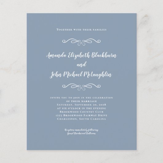 Elegant Dusty Blue White Budget Einladung zur Hoch (Vorderseite)