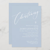 Elegant Dusty Blue White Cross Boy Christening Einladung (Vorne/Hinten)