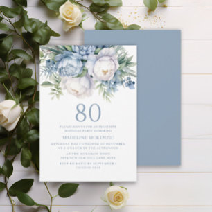 Elegant Dusty Blue White Floral 80. Geburtstag Einladung