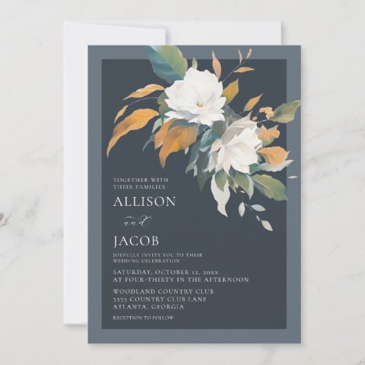 Elegant Dusty Blue White Floral Wedding Einladung (Vorderseite)