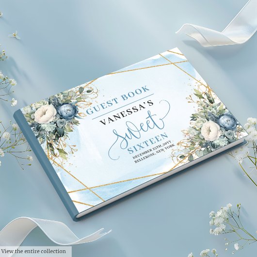 Elegant Dusty Blue White Gold Floral 16 . Geburtst Gästebuch