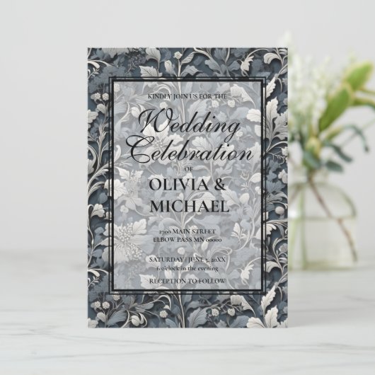 Elegant dusty blue white grau einladung (Stehend Vorderseite)