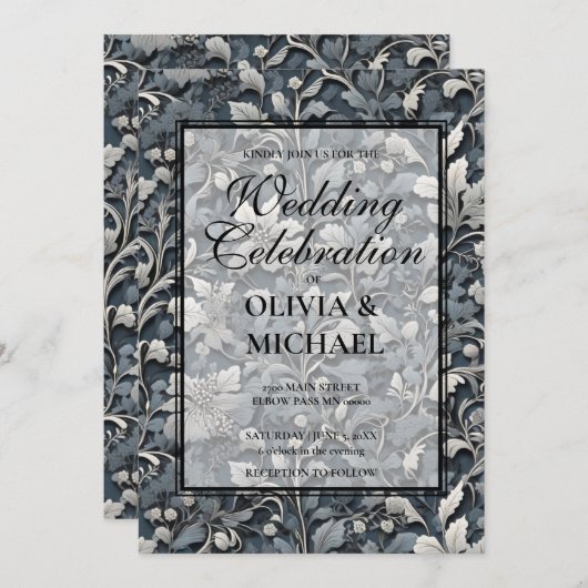 Elegant dusty blue white grau einladung (Vorne/Hinten)