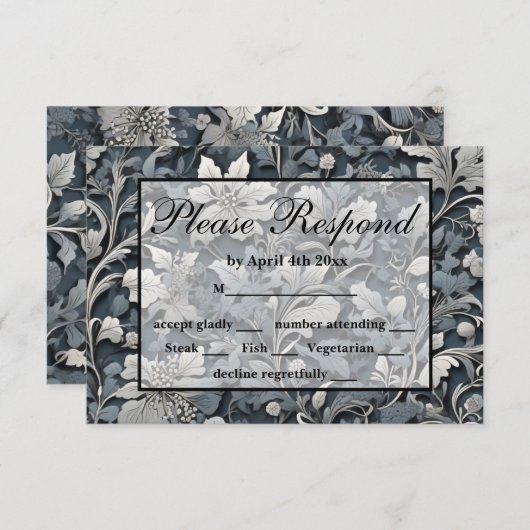 Elegant dusty blue white grau RSVP karte (Vorne/Hinten)