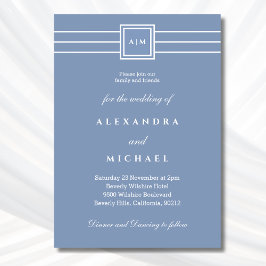 Elegant Dusty Blue White Monogram Modern Wedding Einladung
