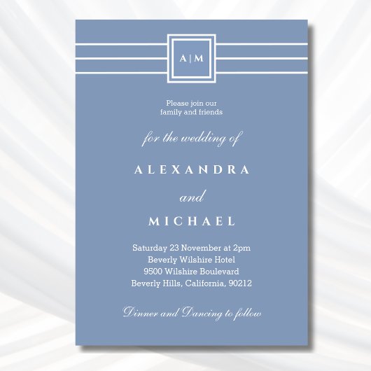 Elegant Dusty Blue White Monogram Modern Wedding Einladung
