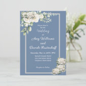 Elegant Dusty Blue White Roses Einladung Hochzeit (Stehend Vorderseite)