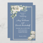 Elegant Dusty Blue White Roses Einladung Hochzeit (Vorne/Hinten)