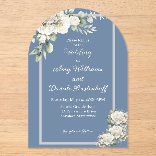 Elegant Dusty Blue White Roses Wedding Acryleinladungen (Vorderseite)